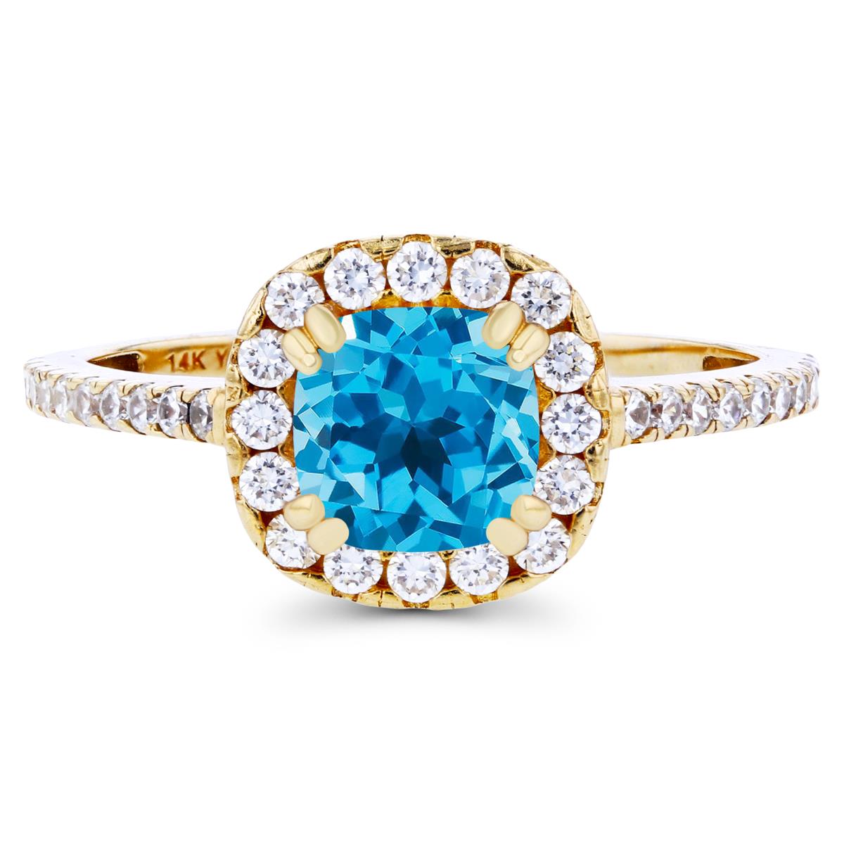 14K Yellow Gold 6mm Cushion Swiss Blue Topaz & Created White Sapphire Halo Engagement Ring