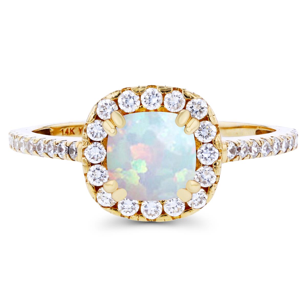 14K Yellow Gold 6mm Cushion Created Opal & Created White Sapphire Halo Engagement Ring