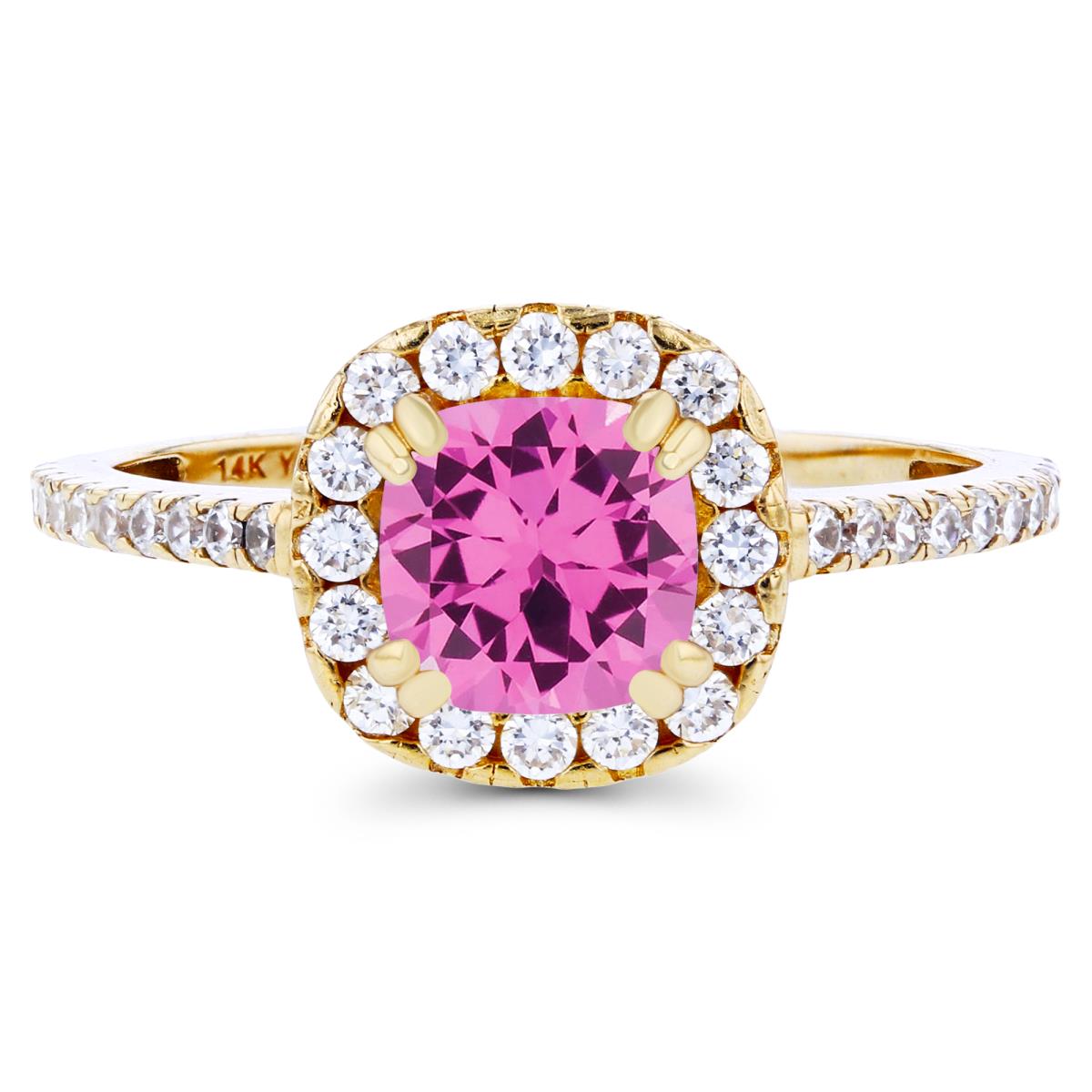 14K Yellow Gold 6mm Cushion Created Pink Sapphire & Created White Sapphire Halo Engagement Ring