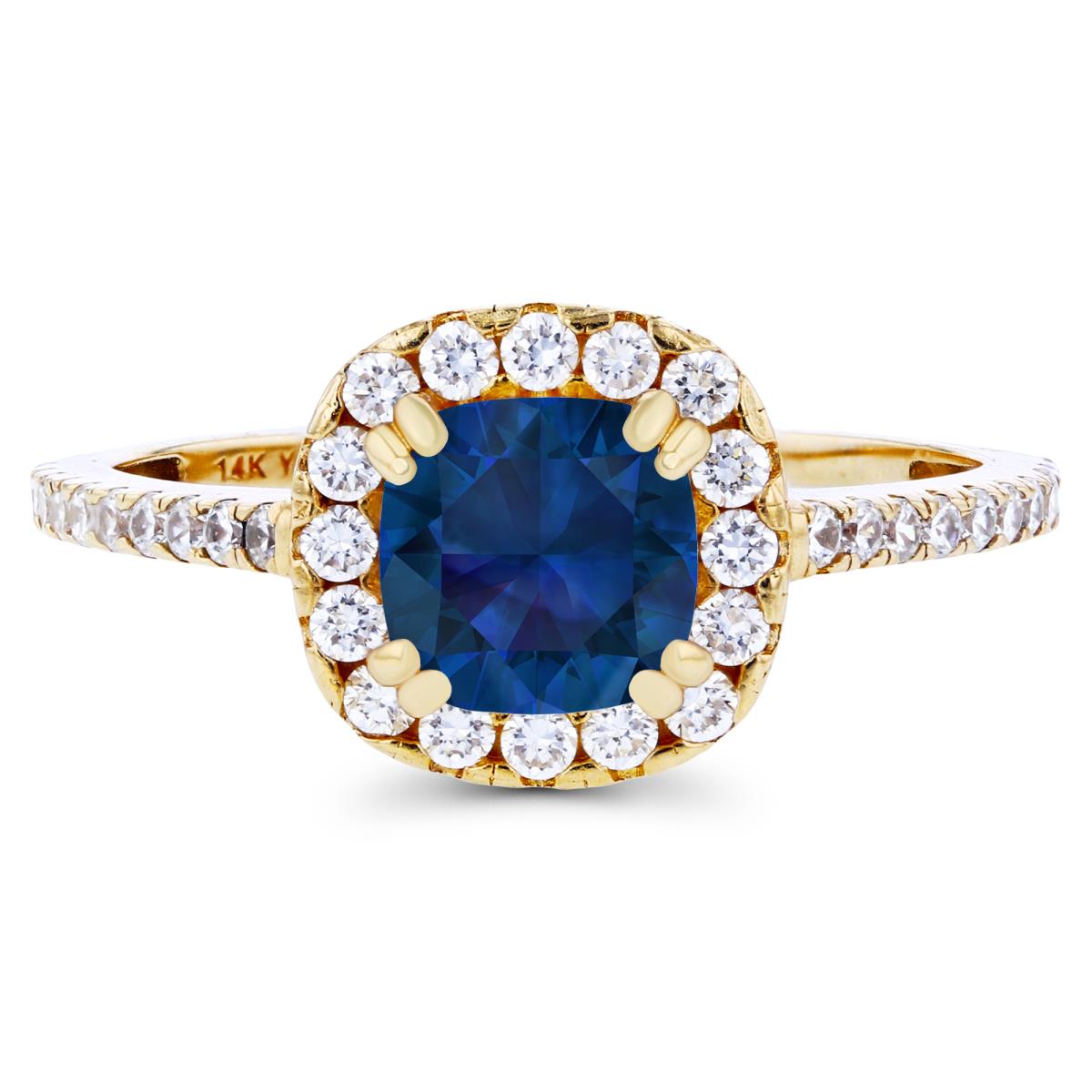 14K Yellow Gold 6mm Cushion Created Blue Sapphire & Created White Sapphire Halo Engagement Ring