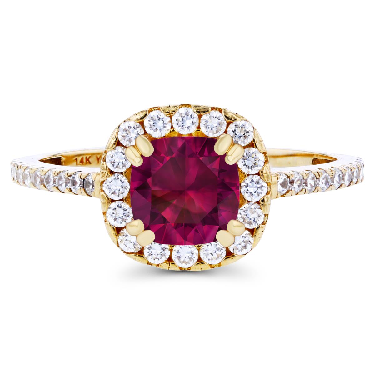 14K Yellow Gold 6mm Cushion Created Ruby & Created White Sapphire Halo Engagement Ring