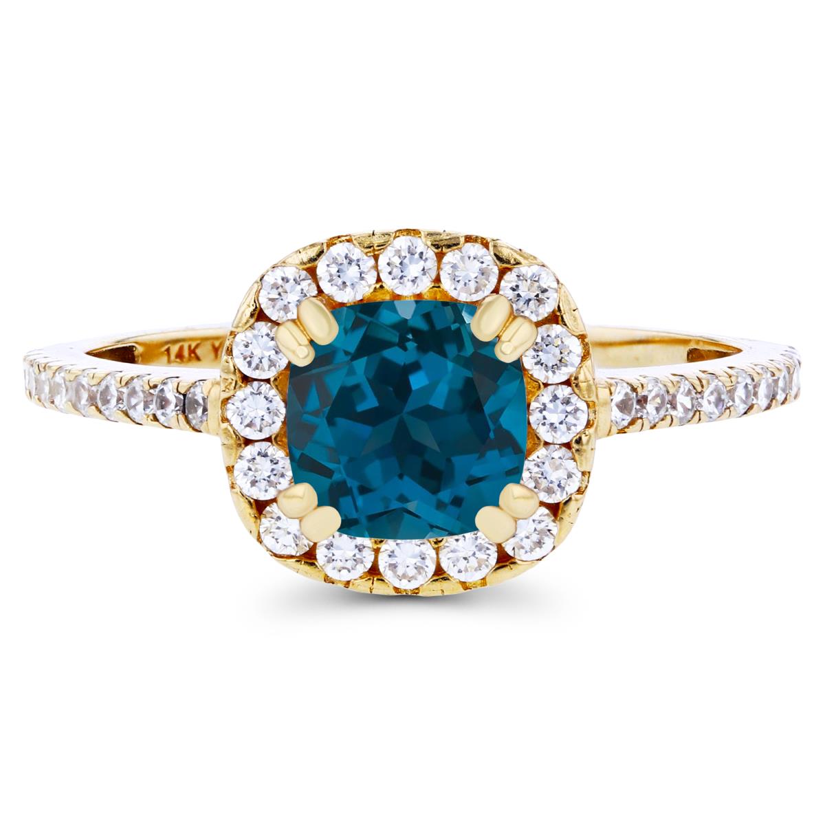 14K Yellow Gold 6mm Cushion London Blue Topaz & Created White Sapphire Halo Engagement Ring