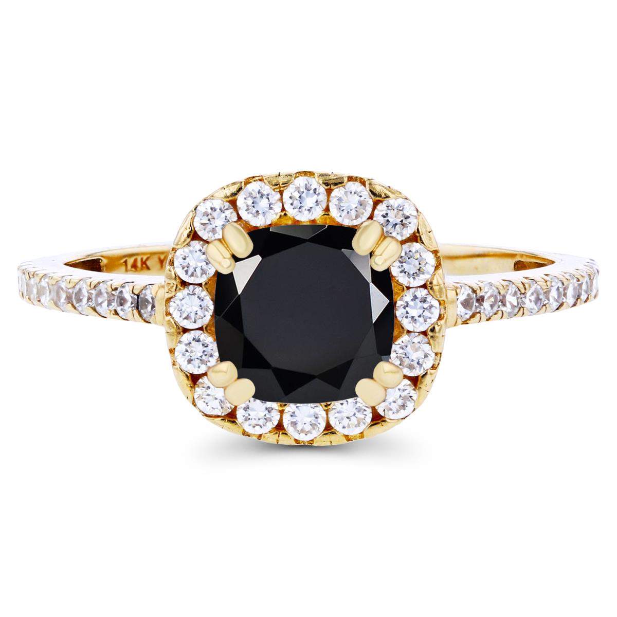 14K Yellow Gold 6mm Cushion Onyx & Created White Sapphire Halo Engagement Ring