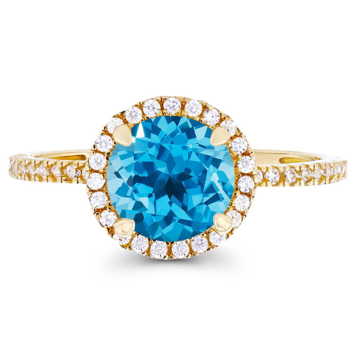 14K Yellow Gold 7mm Swiss Blue Topaz & Created White Sapphire Halo Engagement Ring
