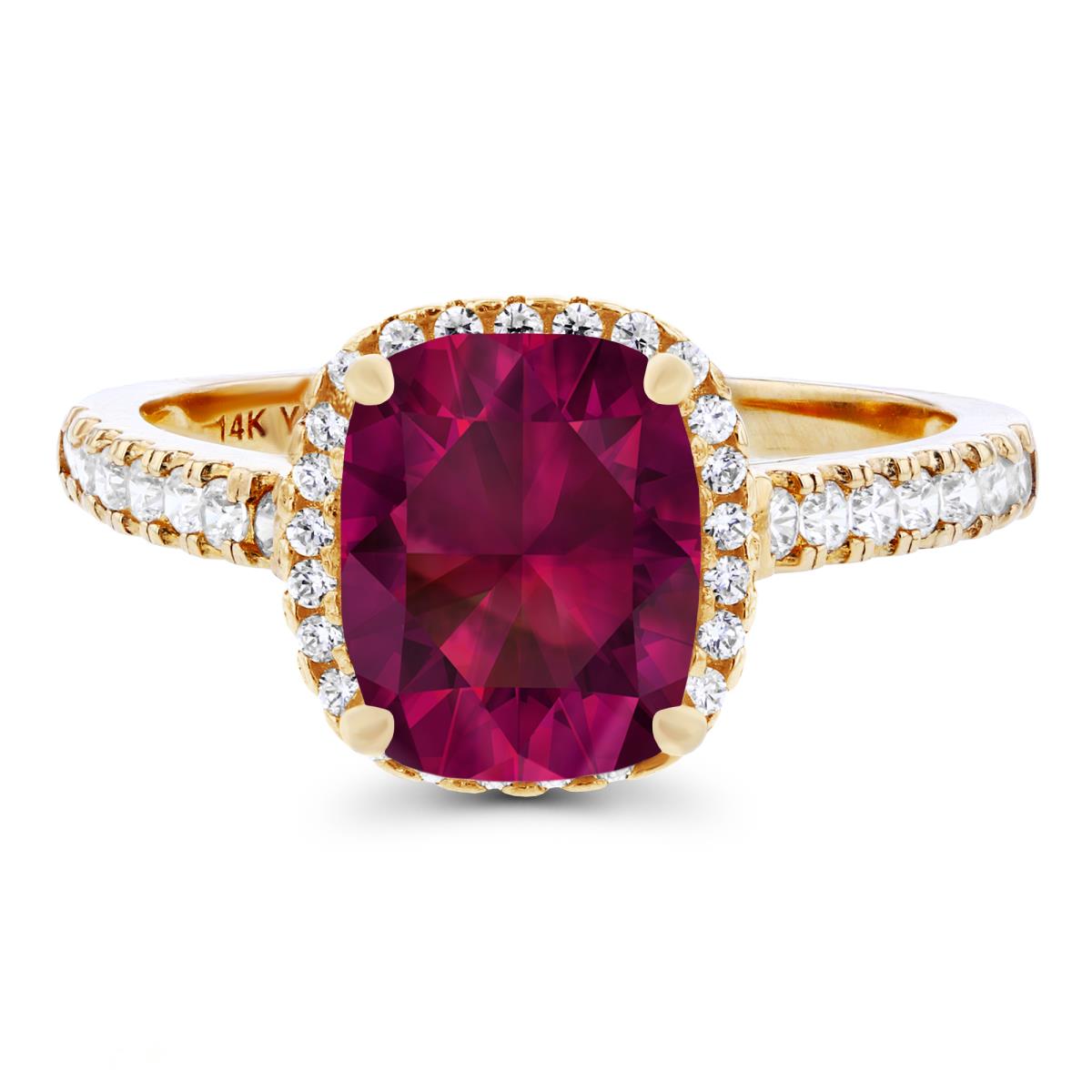 14K Yellow Gold 9x7mm Cushion Created Ruby & Created White Sapphire Halo Ring