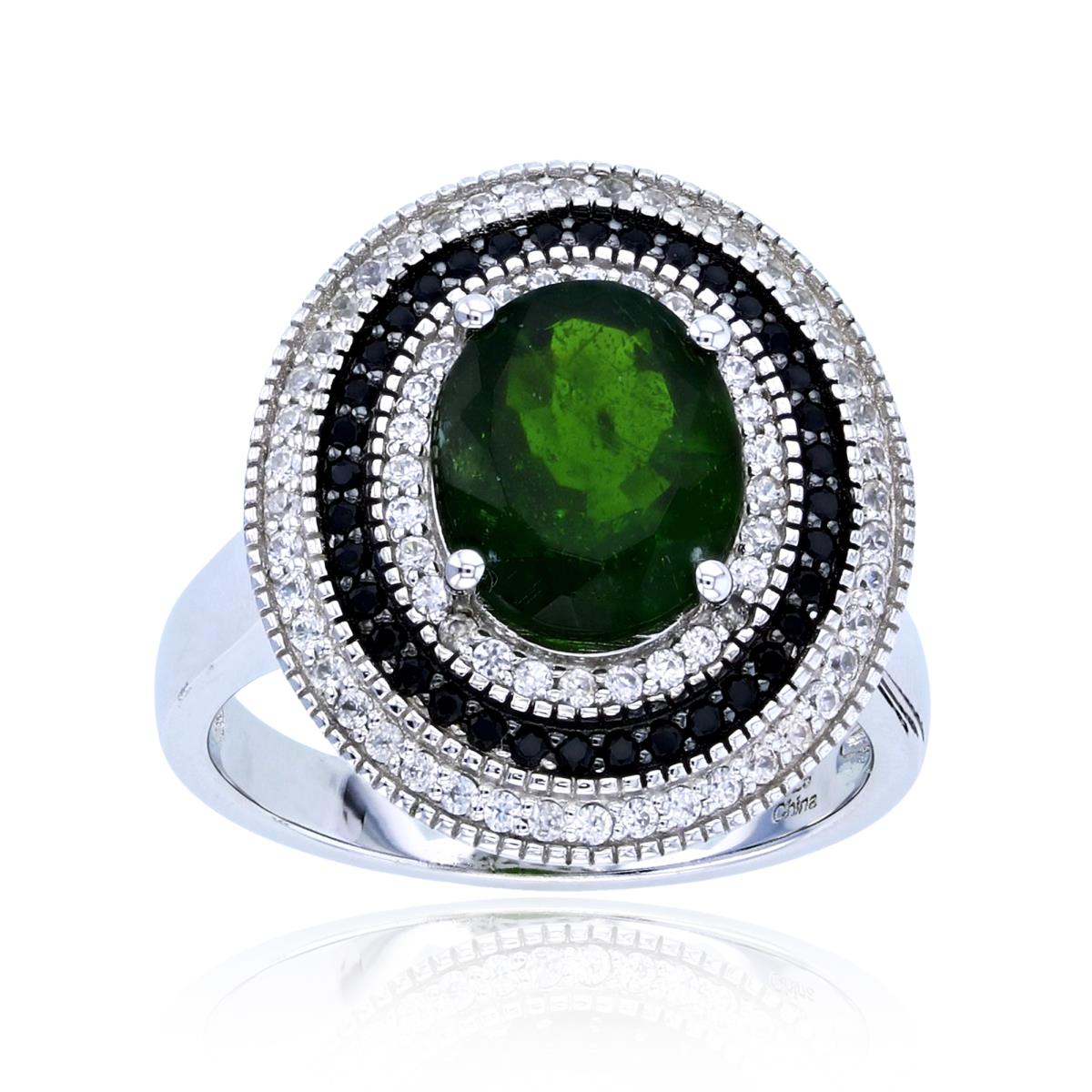Sterling Silver Two-Tone (Blk/Wh) 10x8mm Ov Chrom Diopside & Rnd White Zircon / Black Spinel Triple Halo Ring