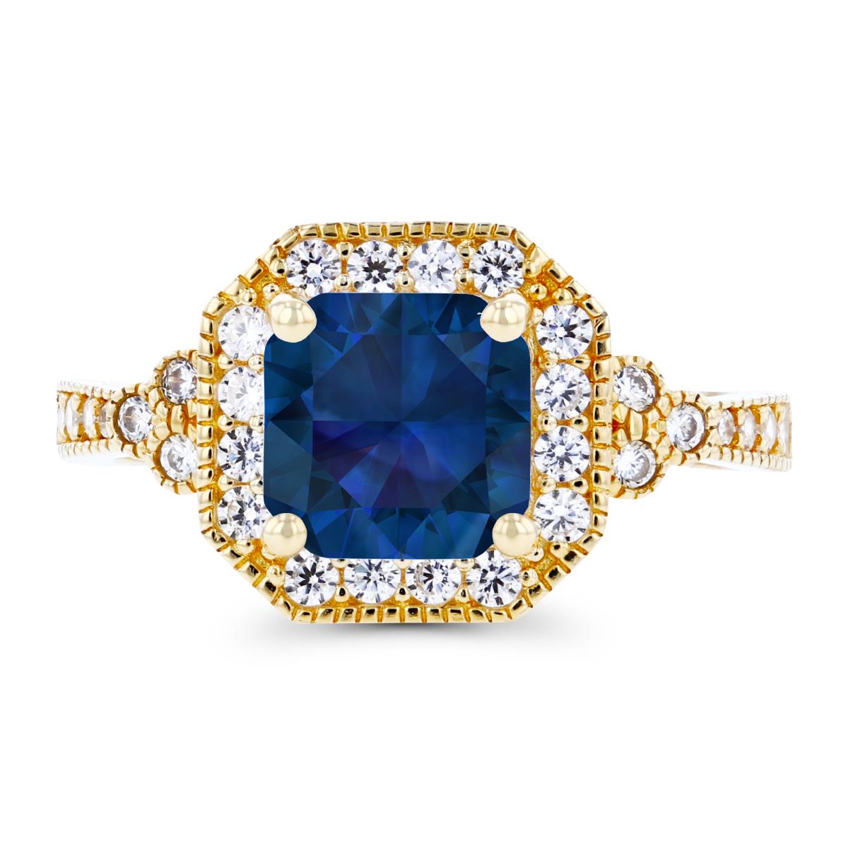 14K Yellow Gold 7mm Cushion Created Blue Sapphire & Created White Sapphire Hexagon Milgrain Ring