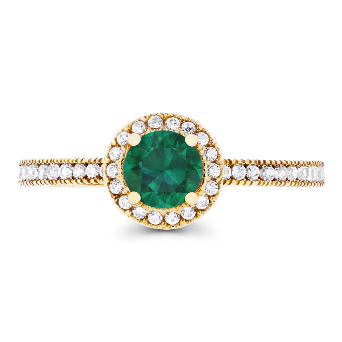 14K Yellow Gold 5mm Created Emerald & Created White Sapphire Milgrain Halo Ring