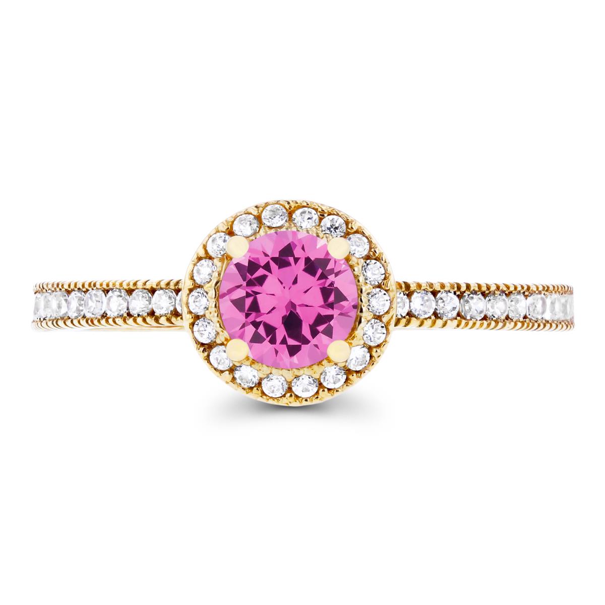 14K Yellow Gold 5mm Created Pink Sapphire & Created White Sapphire Milgrain Halo Ring