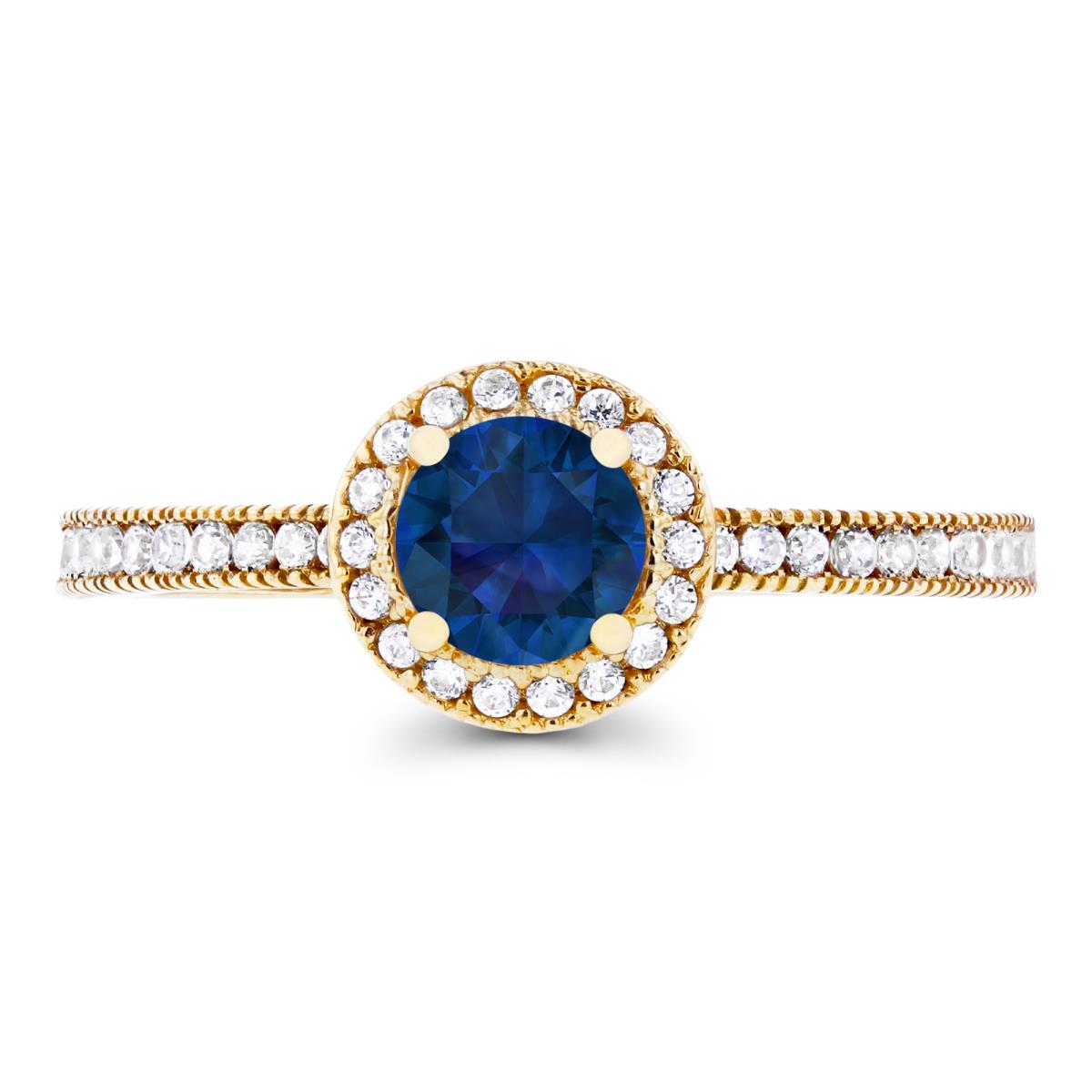 14K Yellow Gold 5mm Created Blue Sapphire & Created White Sapphire Milgrain Halo Ring
