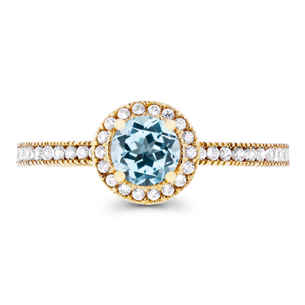 14K Yellow Gold 5mm Sky Blue Topaz & Created White Sapphire Milgrain Halo Ring
