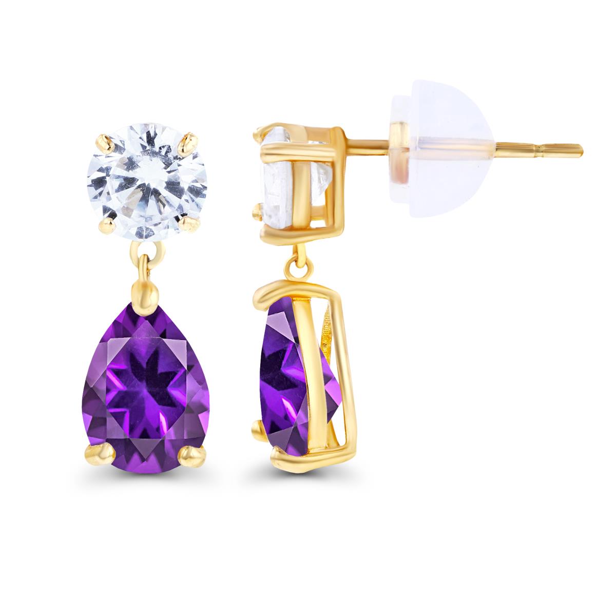 14K Yellow Gold 6x4mm Pear Amethyst & 4.5mm Round Created White Sapphire Earrings with Silicon Backs