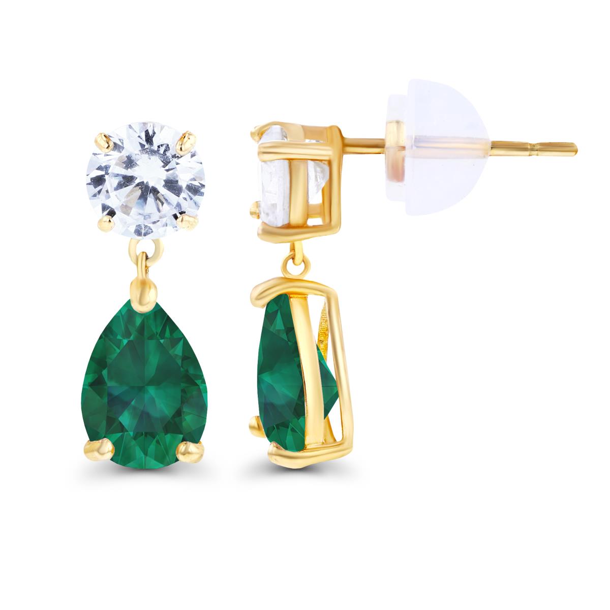 14K Yellow Gold 6x4mm Pear Created Emerald & 4.5mm Round Created White Sapphire Earrings with Silicon Backs