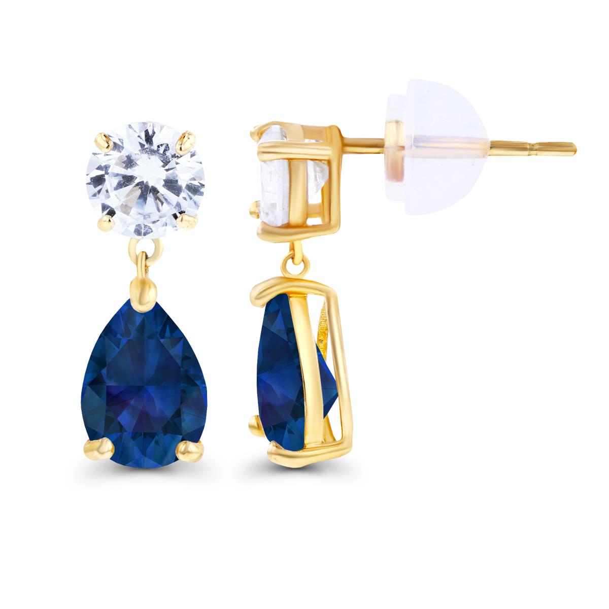 14K Yellow Gold 6x4mm Pear Created Blue Sapphire & 4.5mm Round Created White Sapphire Earrings with Silicon Backs