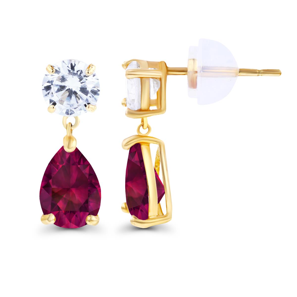 14K Yellow Gold 6x4mm Pear Created Ruby & 4.5mm Round Created White Sapphire Earrings with Silicon Backs