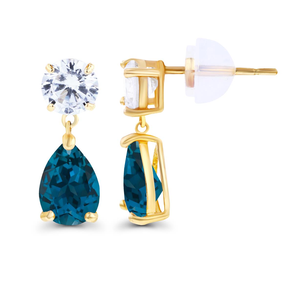 14K Yellow Gold 6x4mm Pear London Blue Topaz & 4.5mm Round Created White Sapphire Earrings with Silicon Backs