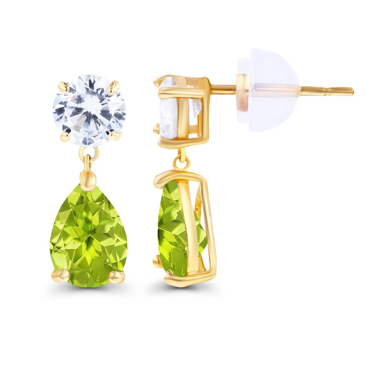 14K Yellow Gold 6x4mm Pear Peridot & 4.5mm Round Created White Sapphire Earrings with Silicon Backs