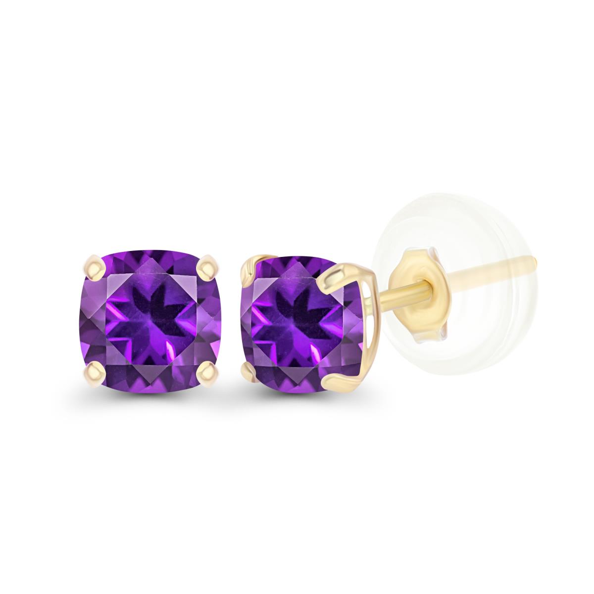 14K Yellow Gold 4mm Cushion Amethyst Basket Stud Earrings with Silicone Backs