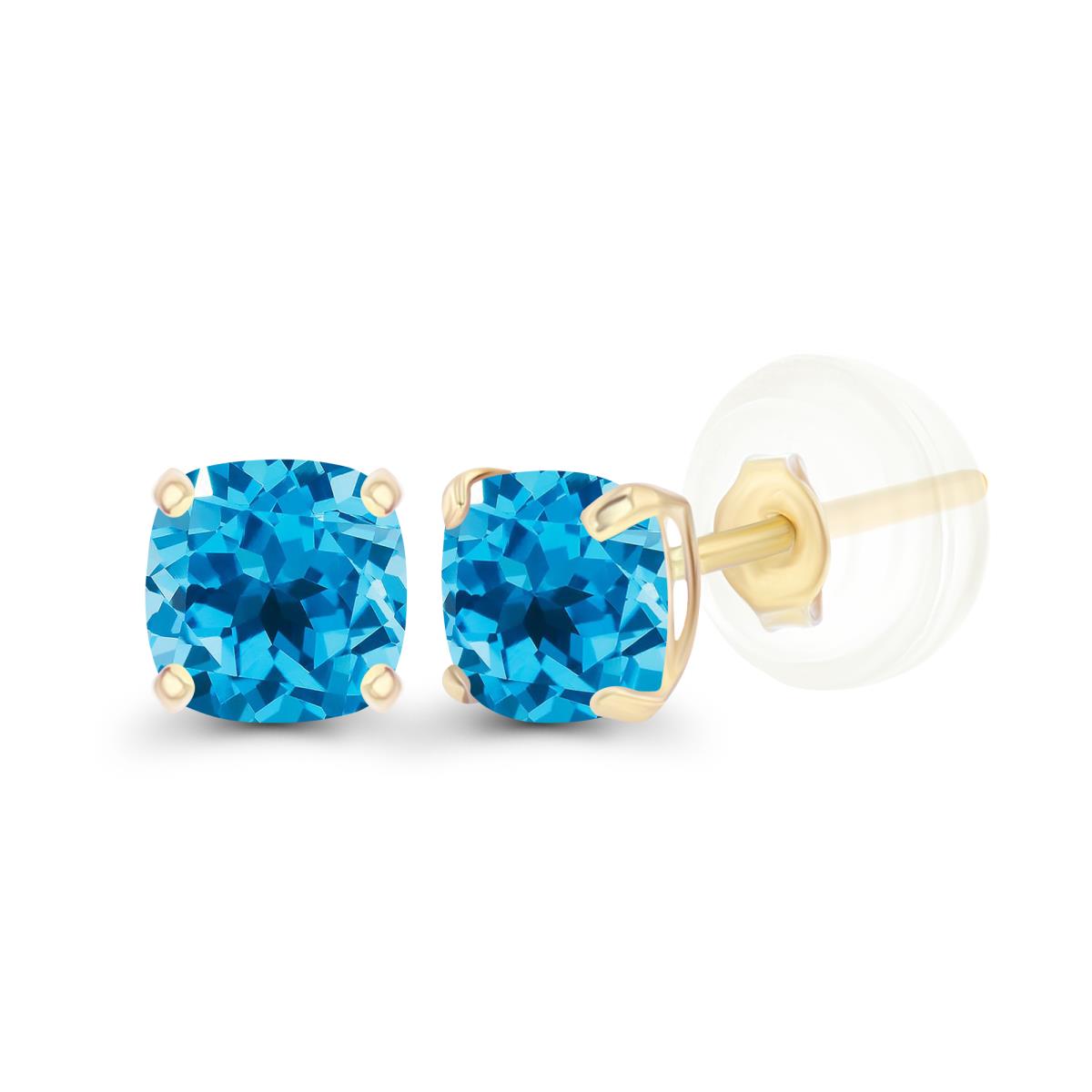 14K Yellow Gold 4mm Cushion Swiss Blue Topaz Basket Stud Earrings with Silicone Backs