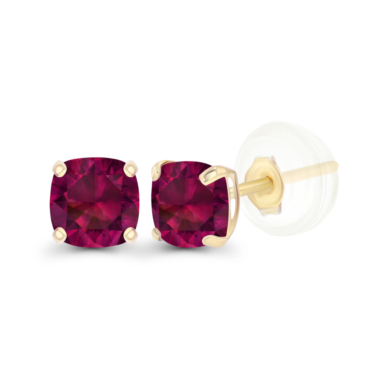 14K Yellow Gold 4mm Cushion Created Ruby Basket Stud Earrings with Silicone Backs