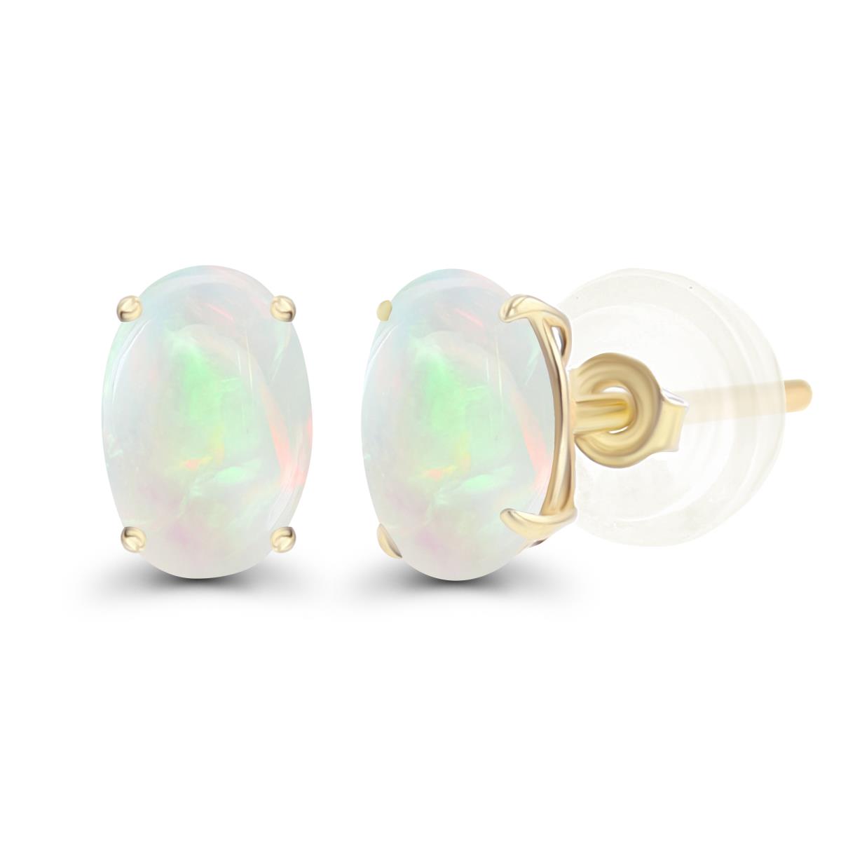 14K Yellow Gold 7x5mm Oval Opal Basket Stud Earrings with Silicone Backs