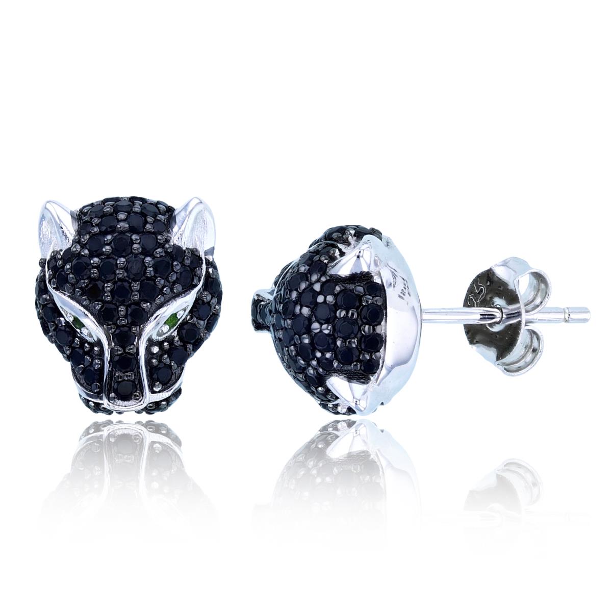 Sterling Silver Two-Tone (Blk/Wh) Rnd Black Spinel & Chrom Diopside Panther Studs