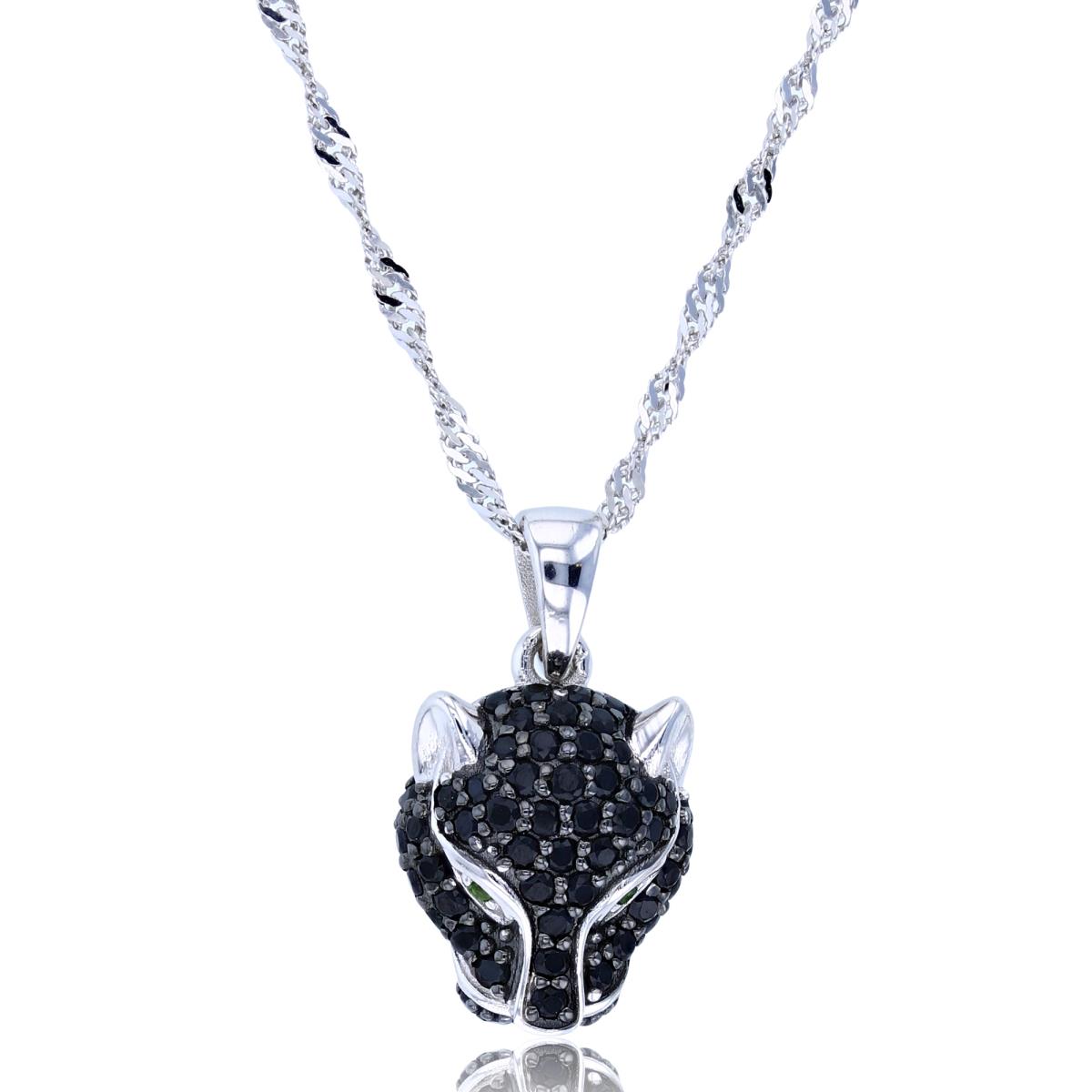 Sterling Silver Two-Tone (Blk/Wh) Rnd Black Spinel & Chrom Diopside Panther 18+2"Singapor Chain Necklace