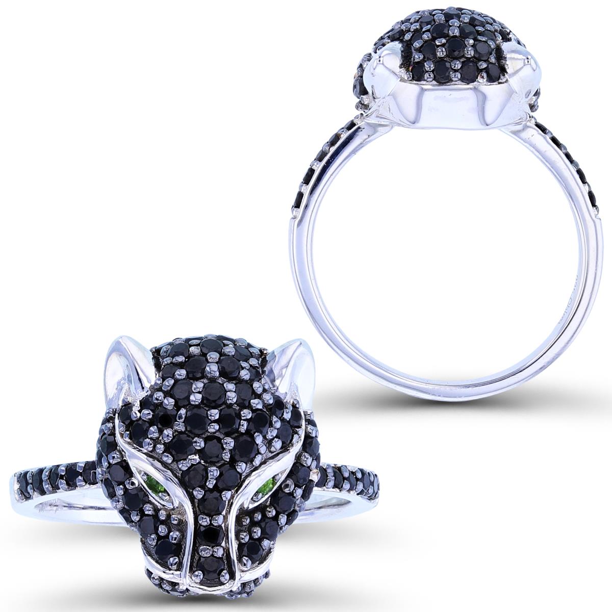 Sterling Silver Two-Tone (Blk/Wh) Rnd Black Spinel & Chrom Diopside Panther Ring