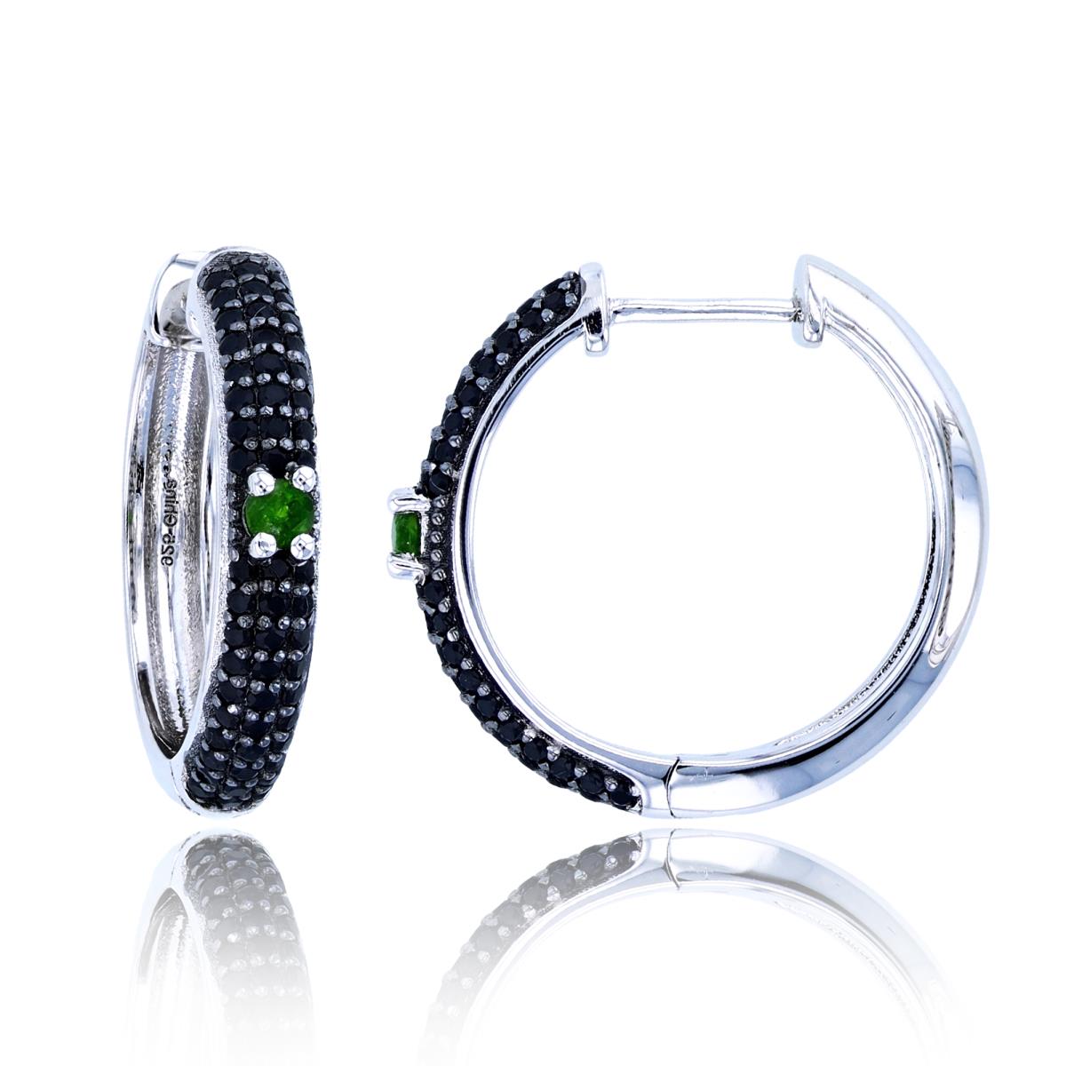 Sterling Silver Two-Tone (Blk/Wh) 2.5mm Rnd Chrom Diopside Center & Rnd Black Spinel Rows 20.5x3.5mm Puffy Hoop Earrings
