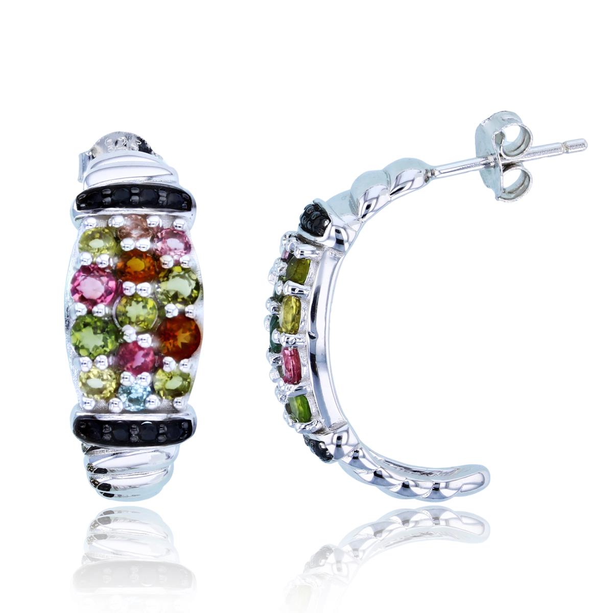 Sterling Silver Two-Tone (Blk/Wh) Rnd Multicolor Tourmaline & Black Spinel 3-Rows Puffy J-Hoop Earrings