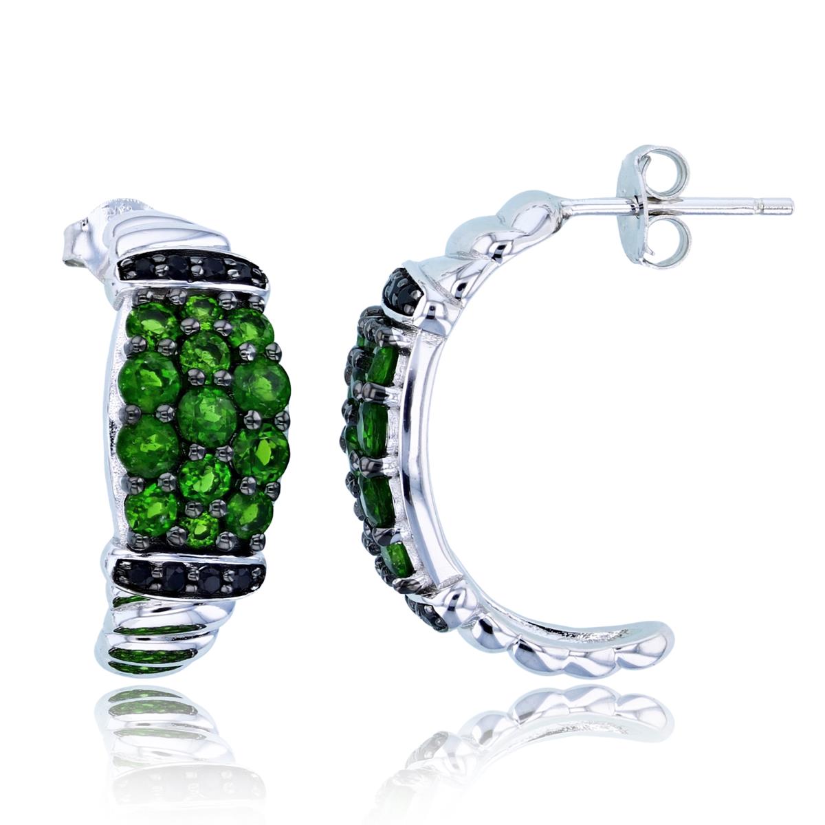Sterling Silver Two-Tone (Blk/Wh) Rnd Chrom Diopside & Black Spinel 3-Rows Puffy J-Hoop Earrings