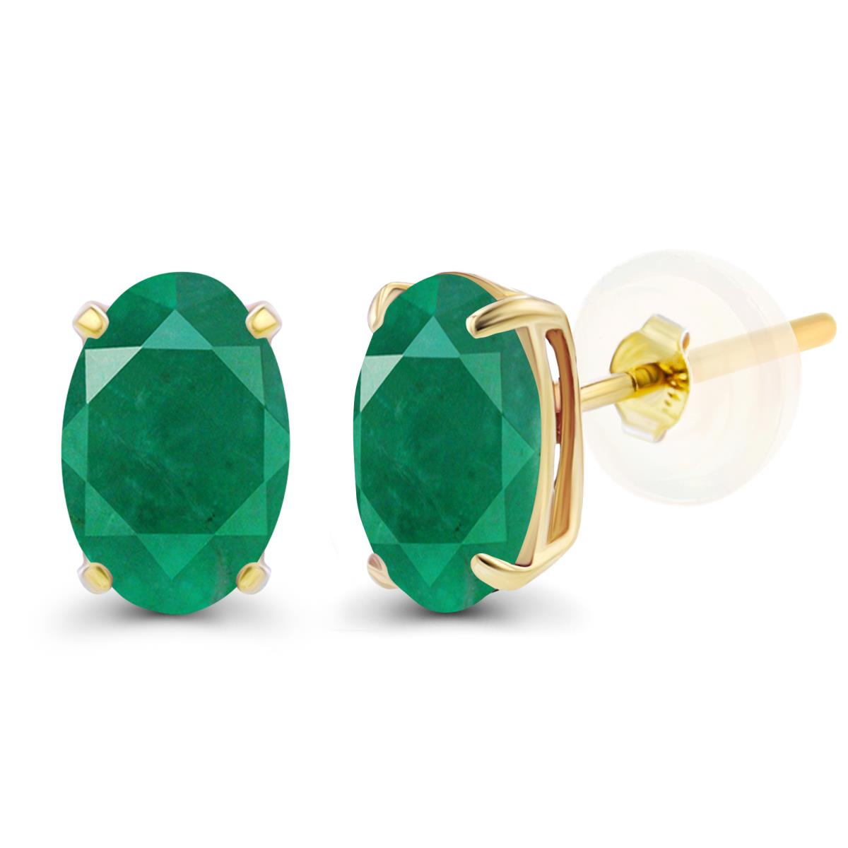 14K Yellow Gold 5x3mm Oval Emerald Basket Stud Earrings with Silicone Backs