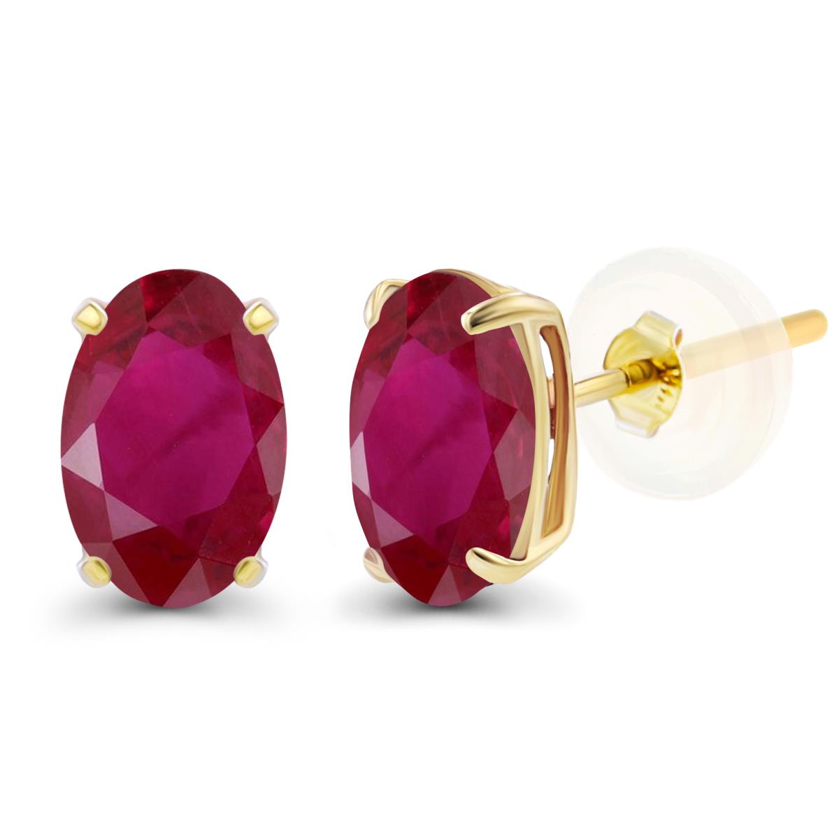 14K Yellow Gold 5x3mm Oval Ruby Basket Stud Earrings with Silicone Backs
