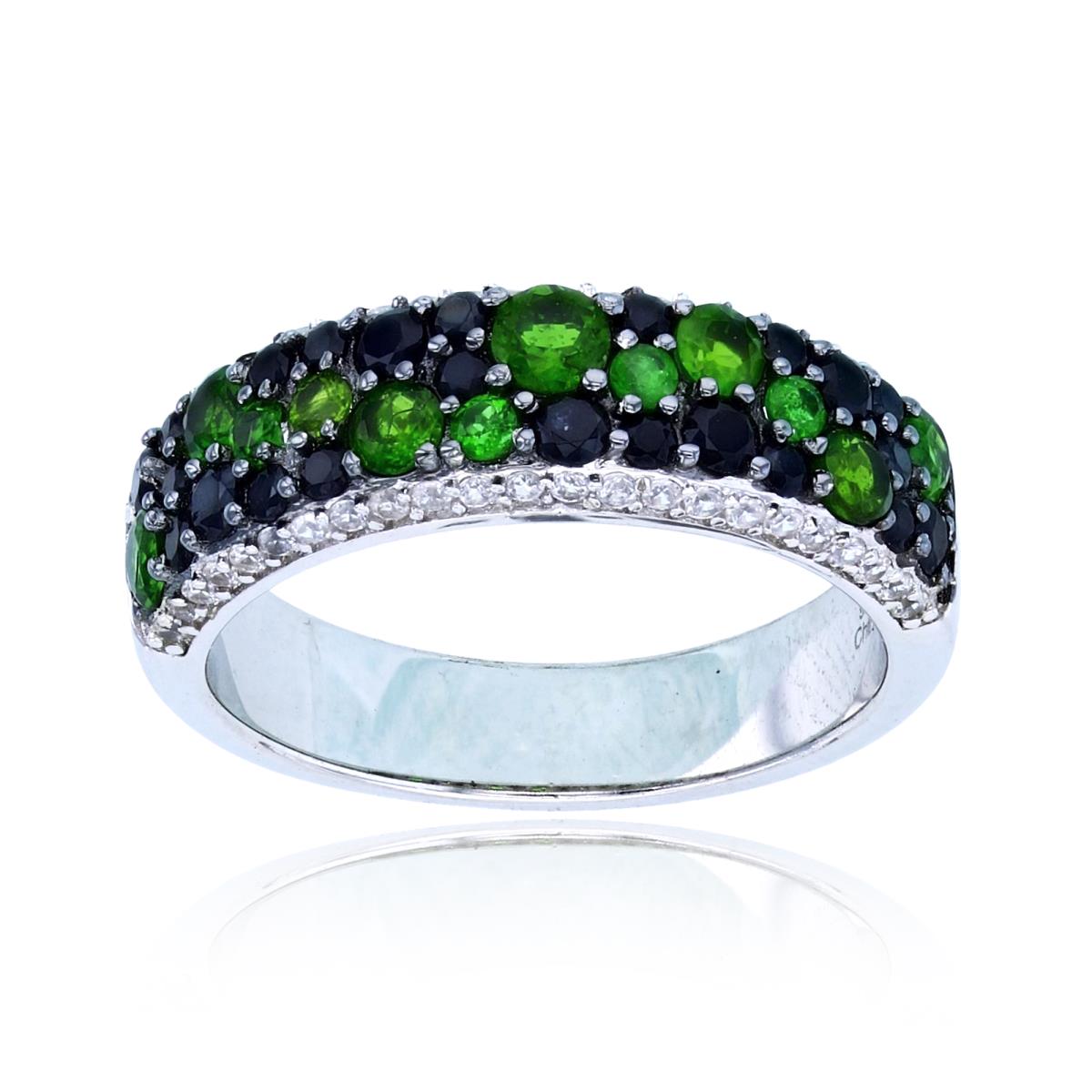 Sterling Silver Two-Tone (Blk/Wh) Rnd Chrom Diopside / Black Spinel & White Zircon Rows Dome Band 