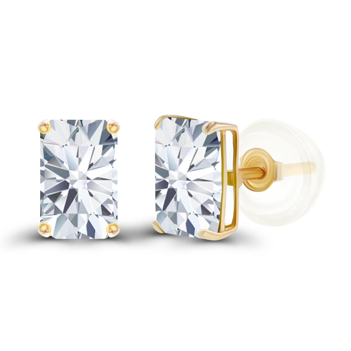 14K Yellow Gold 6x4mm Octagon Created White Sapphire Basket Stud Earrings with Silicone Backs
