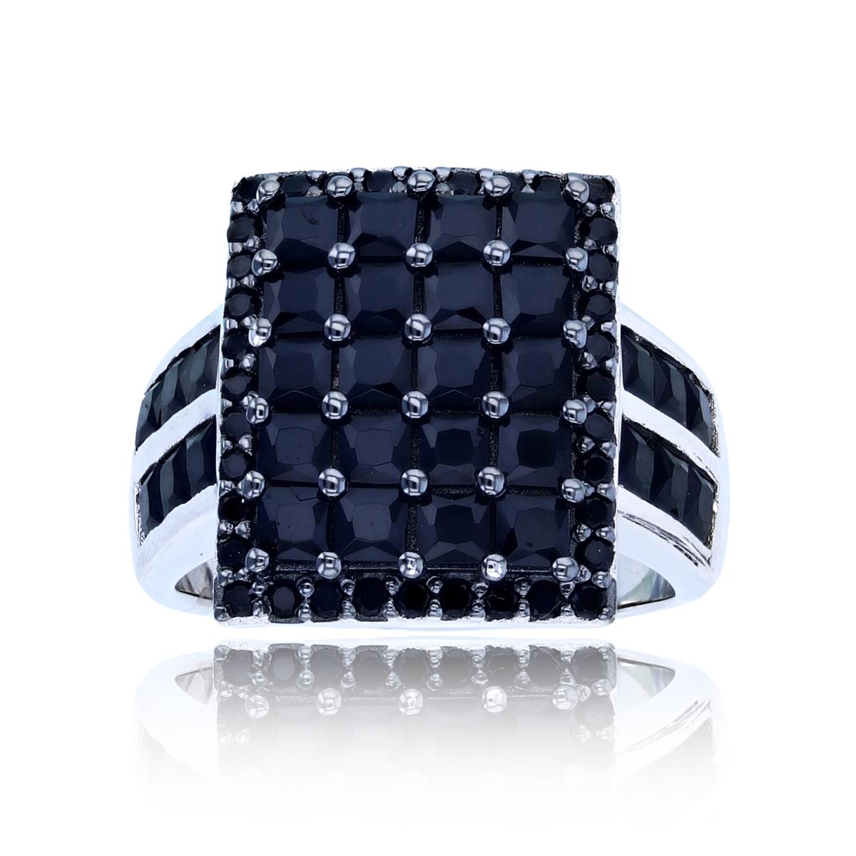Sterling Silver Two-Tone (Blk/Wh) 2.5mm SQ & 1.3mm Rnd Black Spinel Cage Rows Octagon Ring