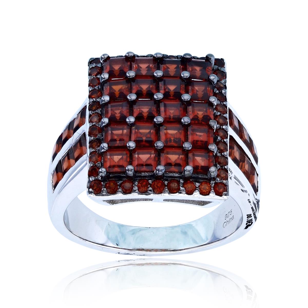 Sterling Silver Two-Tone (Blk/Wh) 2.5mm SQ & 1.3mm Rnd Garnet Cage Rows Octagon Ring
