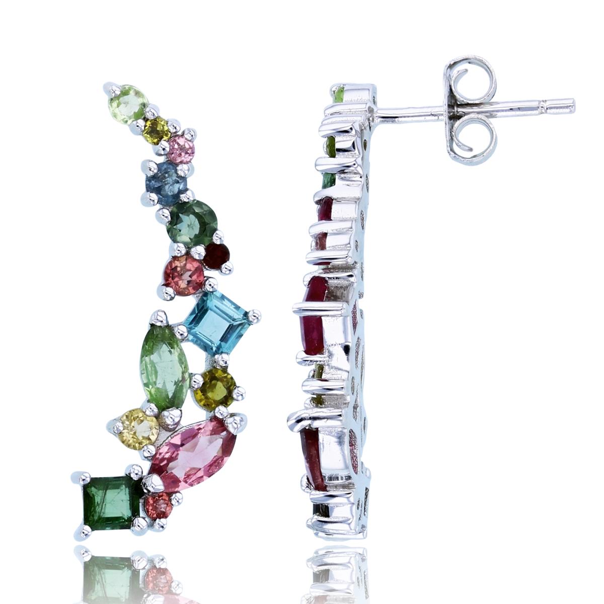 Sterling Silver Rhodium Multishape Multicolor Tourmaline Scattered Crawler Earrings