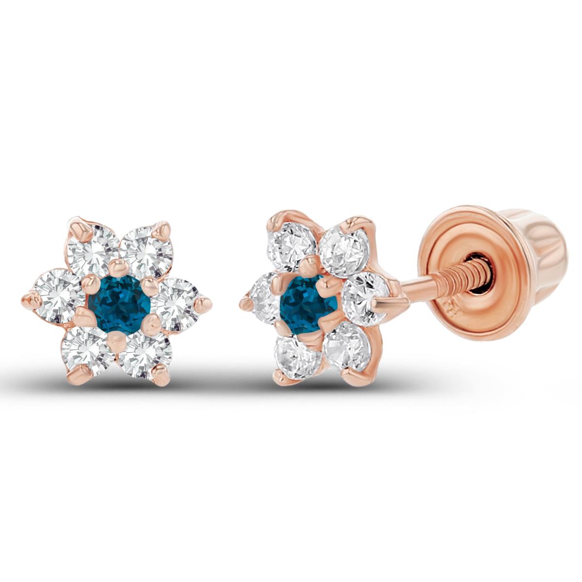 14K Rose Gold 1.50mm London Blue Topaz & 1.25mm Created White Sapphire Flower Screwback Earring