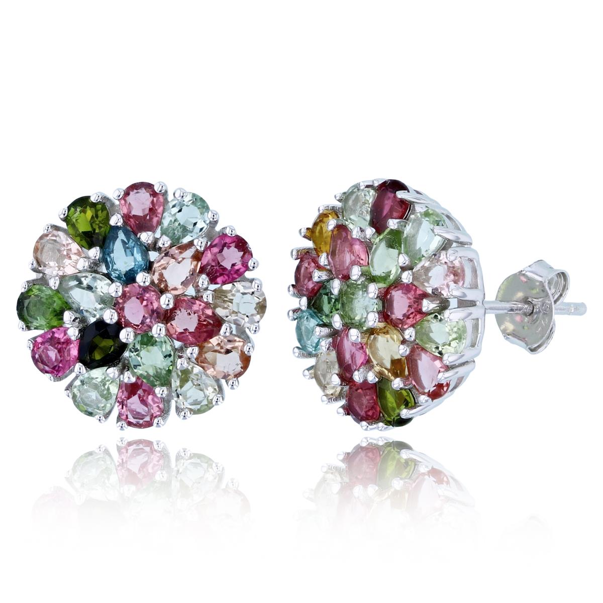 Sterling Silver Rhodium 4x3mm PS & 3.5mm Rnd Multicolor Tourmaline Puffy Round Studs
