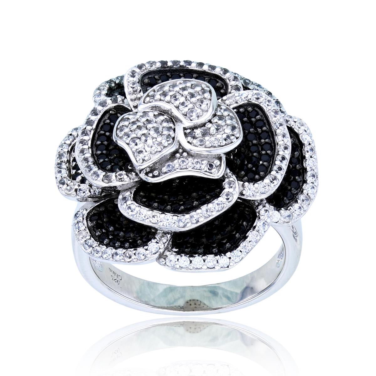 Sterling Silver Two-Tone (Blk/Wh) 1mm Rnd Black Spinel & White Zircon Flower Micropave Fashion Ring