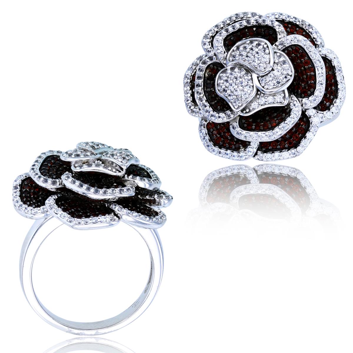 Sterling Silver Two-Tone (Blk/Wh) 1mm Rnd Garnet & White Zircon Flower Micropave Fashion Ring