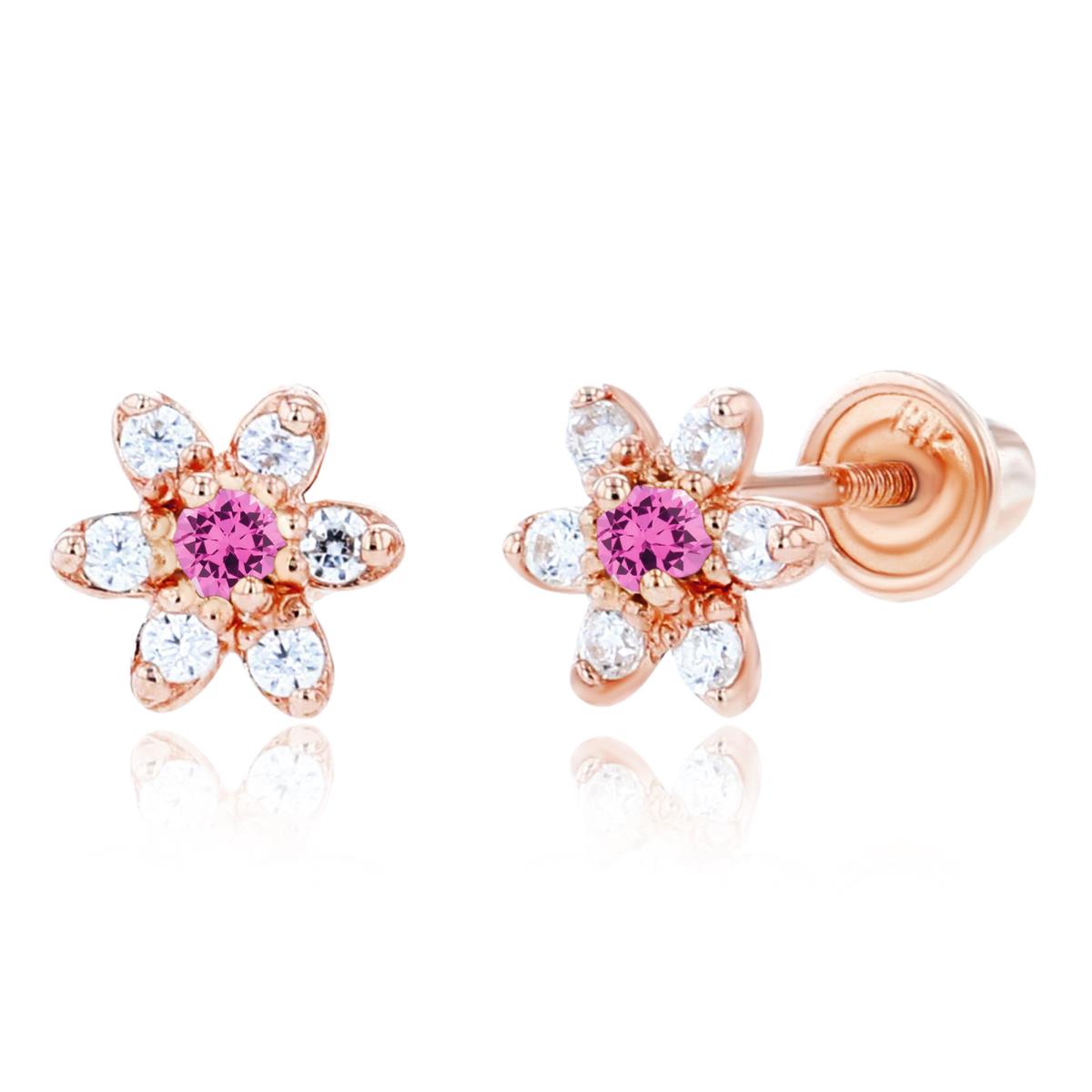 14K Rose Gold 1.50mm Created Pink Sapphire & 1mm Created White Sapphire Flower Screwback Earring