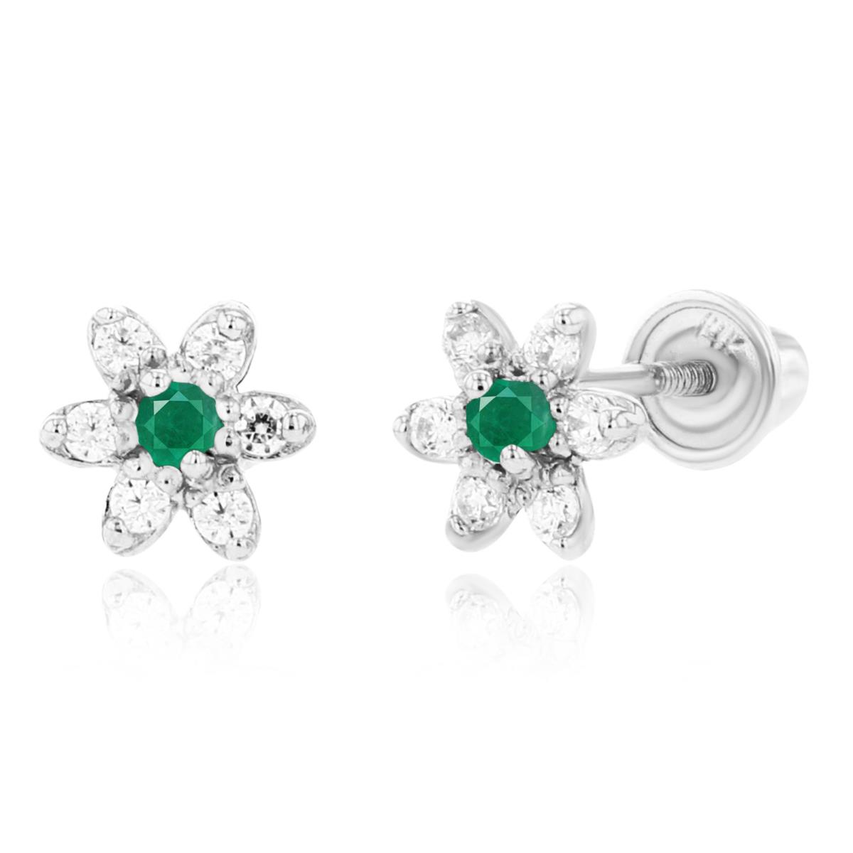 14K White Gold 1.50mm Emerald & 1mm Created White Sapphire Flower Screwback Earring