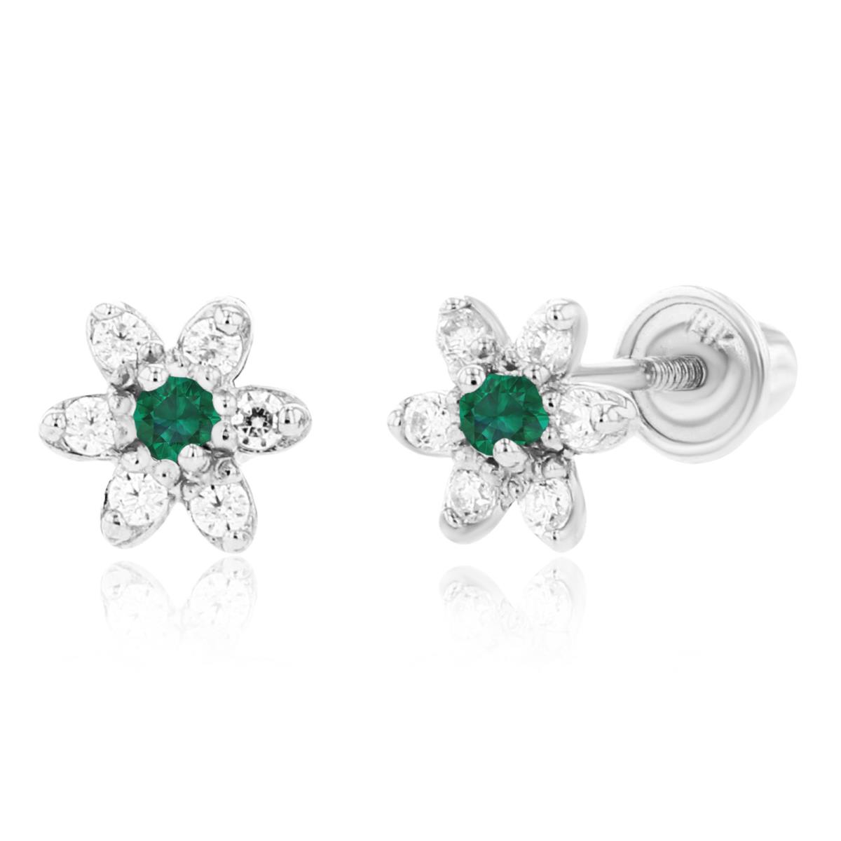 14K White Gold 1.50mm Created Emerald & 1mm Created White Sapphire Flower Screwback Earring