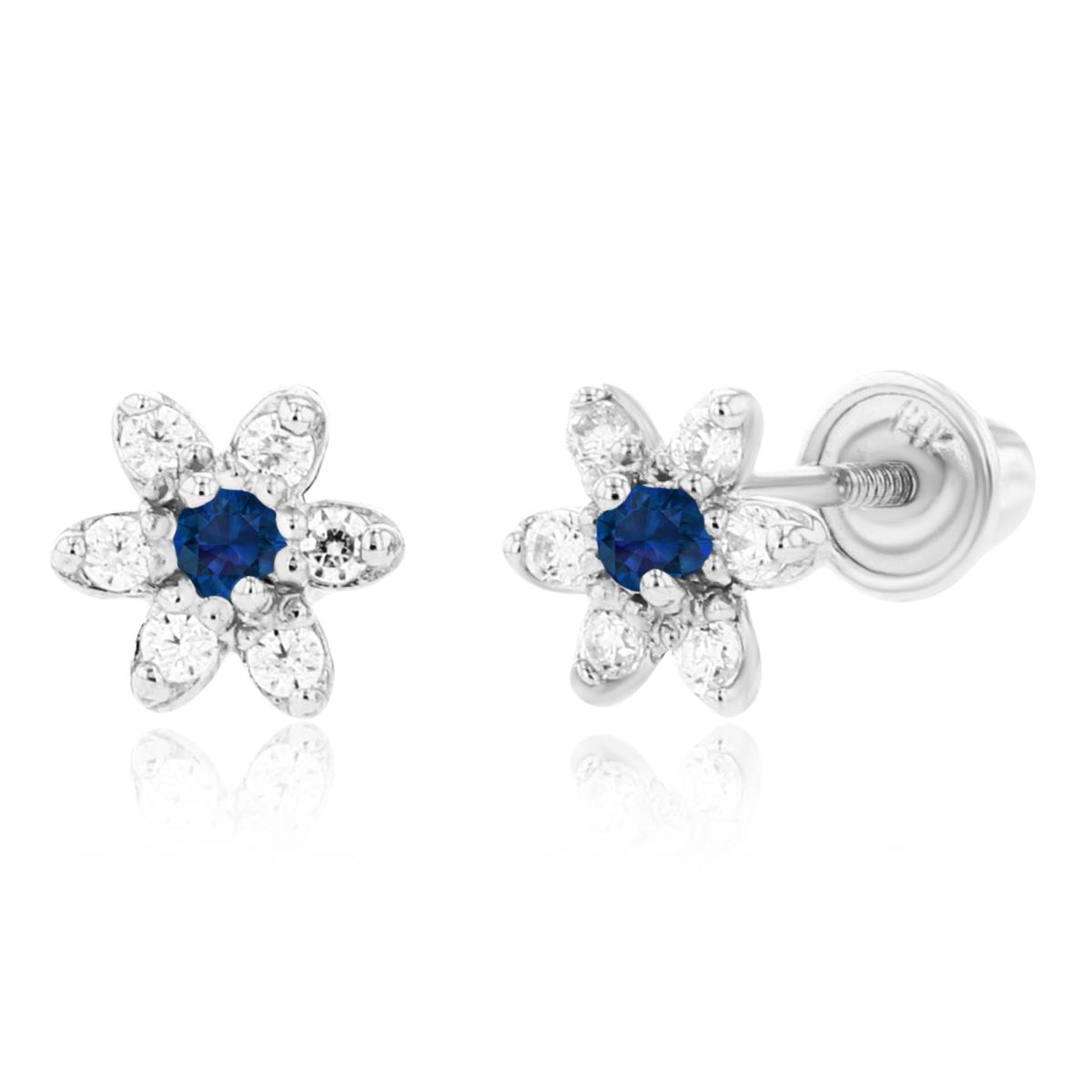 14K White Gold 1.50mm Created Blue Sapphire & 1mm Created White Sapphire Flower Screwback Earring