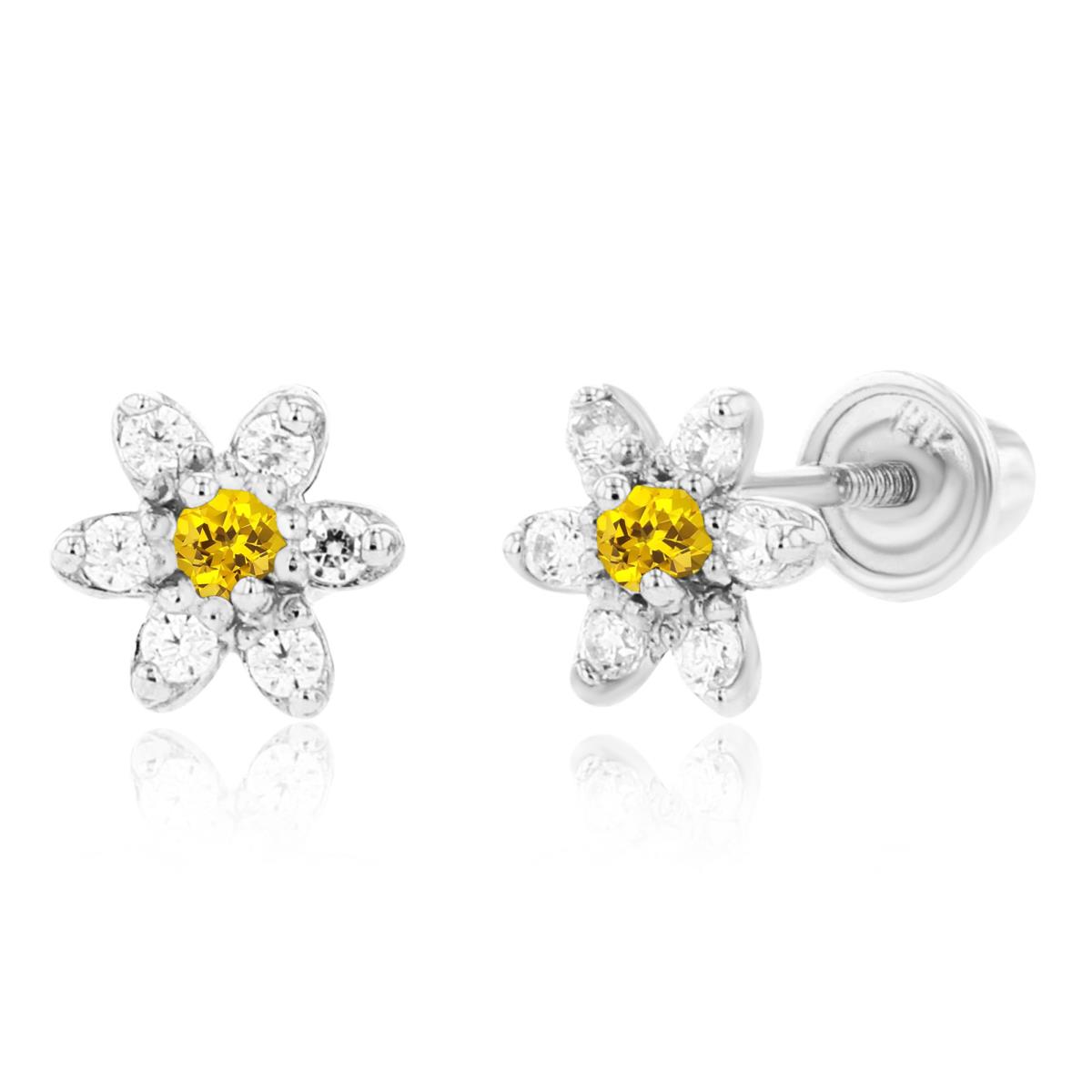 14K White Gold 1.50mm Created Yellow Sapphire & 1mm Created White Sapphire Flower Screwback Earring