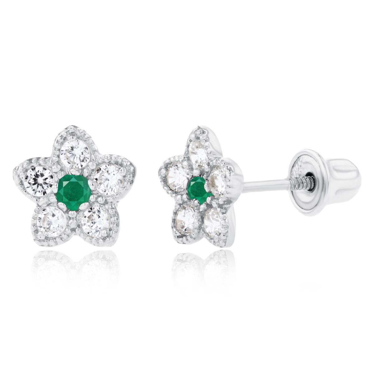 14K White Gold 1.75mm Emerald & 1.50mm Created White Sapphire Milgrain Flower Screwback Earring