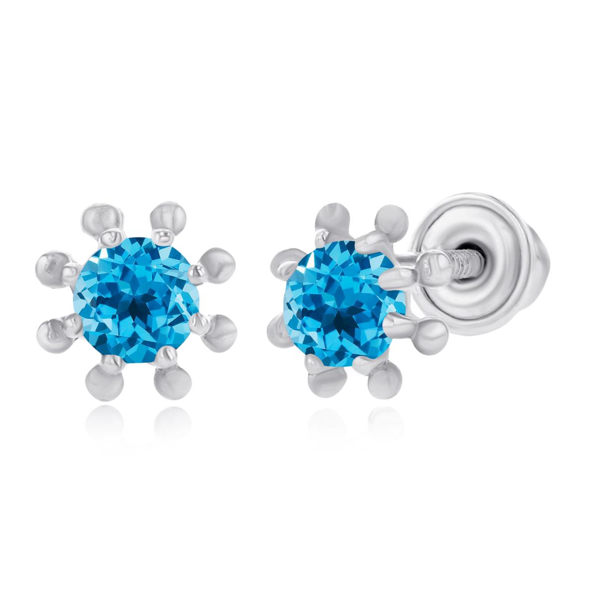 14K White Gold 3mm Round Swiss Blue Topaz Wheel Screwback Earring