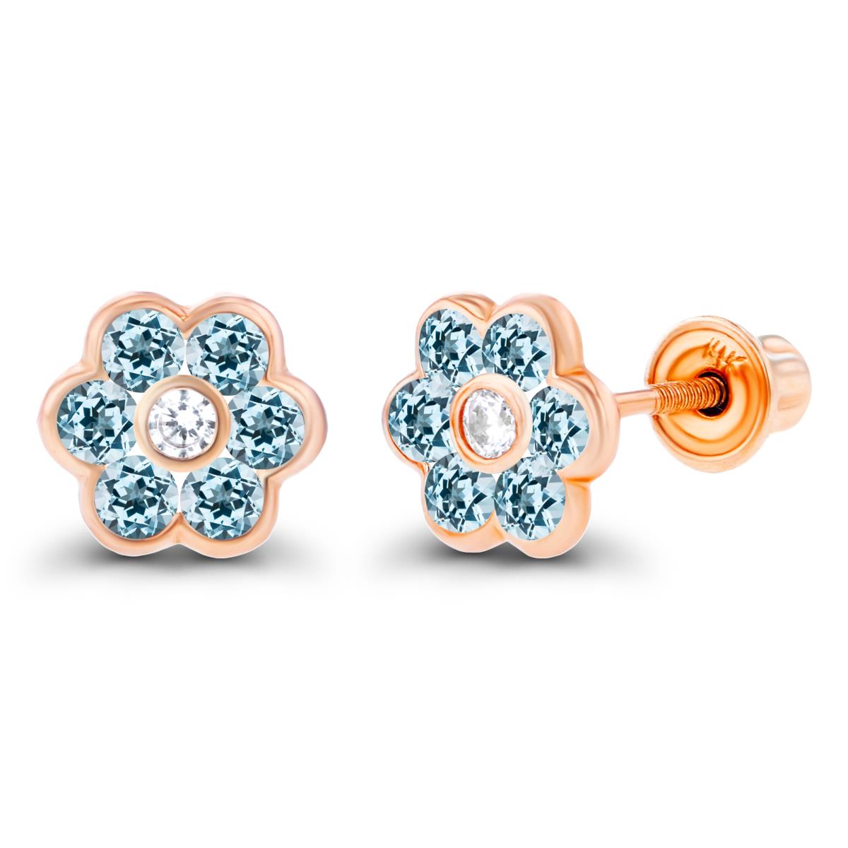 14K Rose Gold 1.50mm Created White Sapphire & 1.75mm Sky Blue Topaz Bezel Flower Screwback Earring